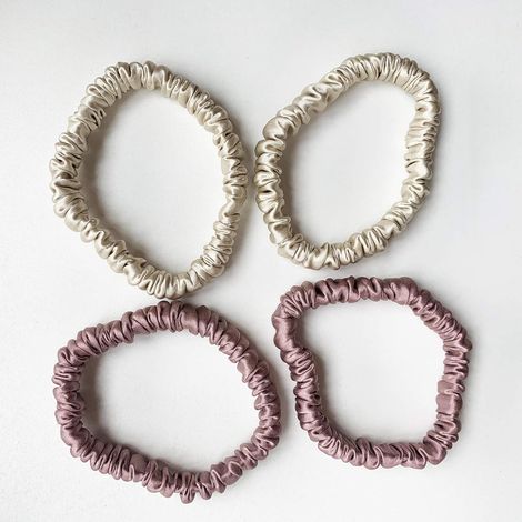 Chouchous en soie, petits élastiques fins en soie de mûrier 100% pure pour femmes (lot de 4 fins rose begie) (1/5)