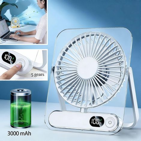 Ventilateur de bureau USB portable avec batterie rechargeable de 3000 mAh, ultra-silencieux, 5 vitesses, design pliable et réglable à 180°, affichage numérique, idéal pour la maison et le bureau. (1/5)