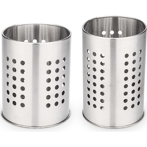 Ensemble de 2 porte-ustensiles de cuisine - range-ustensiles - organiseur de plan de travail - tambour de rangement - porte-baguettes - égouttoir creux - argent - acier inoxydable (1/5)