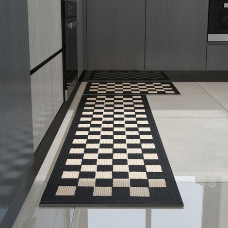 Set 2 tapis de cuisine damier - Dimensions 45x70cm + 45x150cm - Sol pratique et décoratif - Entretien facile
