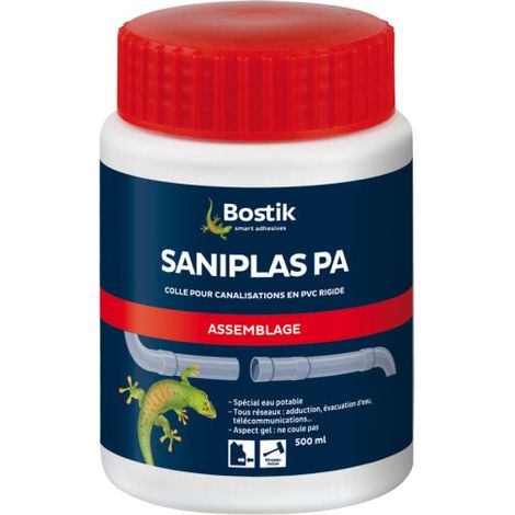 Bostik Colle Tuyaux PVC Saniplas PA, Tous réseaux, Eau Potable, Pinceau Inclus dans le Bouchon, Boite Plastique 500ml (1/4)