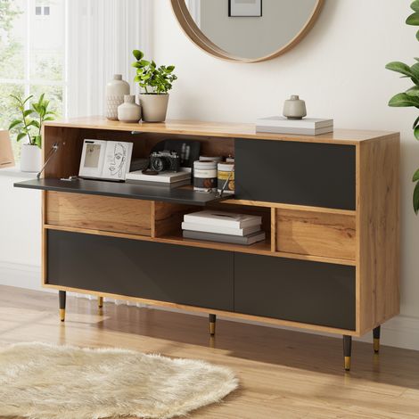 Sideboard für Wohn- und Esszimmer 140 x 40 x 84,5 cm, PB und MDF, Schwarz und Natur (1/5)