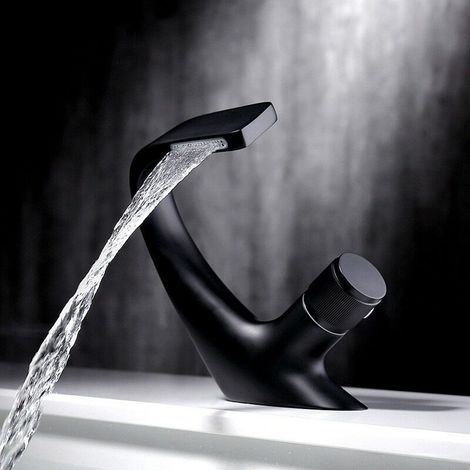 Robinet simple de lavabo noir – Monotrou cascade en laiton – Économie d'eau – Filtre céramique anti-bruit – Installation facile (1/4)