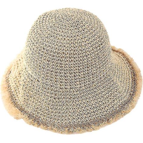 Chapeau de soleil beige en paille crochetée pour femme, à large bord ondulé