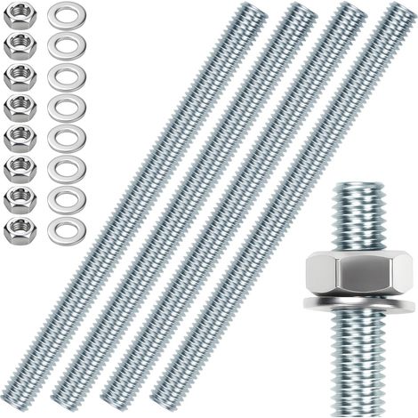 4 pièces Tige filetée M12 Tiges filetées M12 X 200mm Tige filetée Boulon fileté Acier galvanisé Tige filetée Zinc bleu Tiges filetées avec 8pcs Écrou hexagonal et 8pcs Rondelles (1/5)