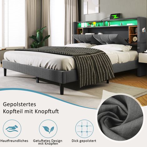 Lit double capitonné gris avec tête de lit à rangement intégré, ports USB et éclairage LED, cadre en bois et sommier à lattes, 140x200 cm (sans matelas) (1/5)
