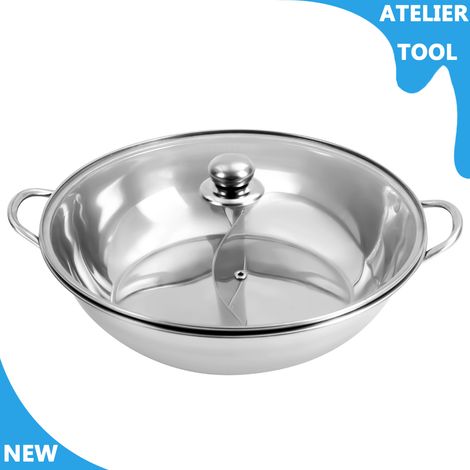 ATELIER Pot chaud en acier inoxydable 28cm avec diviseur, pot Shabu avec couvercle en verre, pot chaud (1/5)