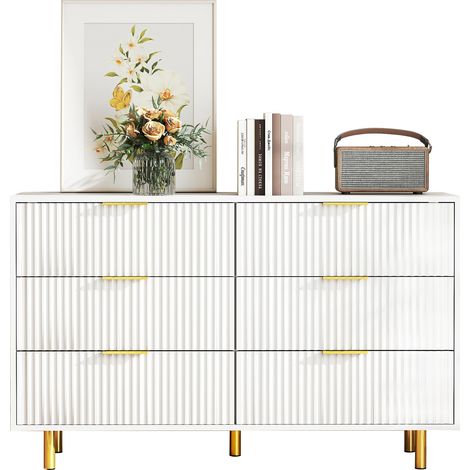 Commode avec 6 tiroirs – Buffet moderne et meuble de rangement blanc et or, dimensions H72 x L120 x P40 cm