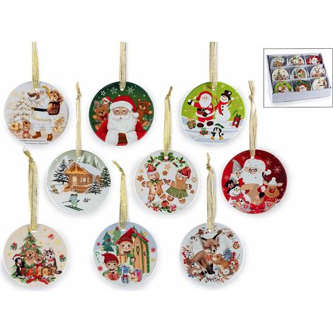 Decorazioni natalizie in ceramica lucida da appendere, in espositore da 36 pezzi, set da 36 pezzi, Ø 7,5 cm