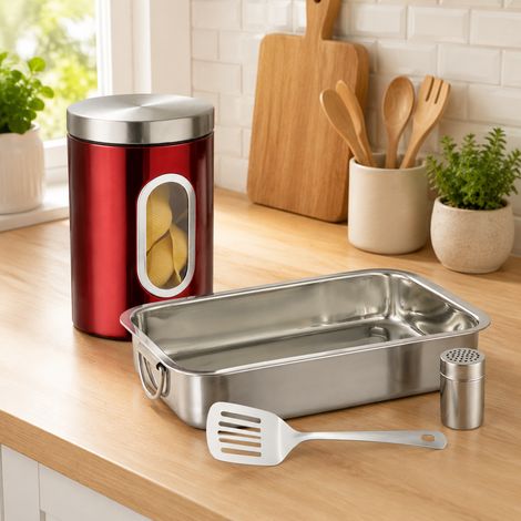 Set de cocina para hornear lasaña (2 piezas): juego de tres bandejas de horno de acero inoxidable y tarro de almacenamiento con ventana (1/5)
