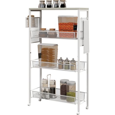 Carrello da cucina con ruote 58 x 18.5 x 87 cm salva-spazio 3 cesti di cui 1 pensile stile moderno in acciaio bianco 210001042