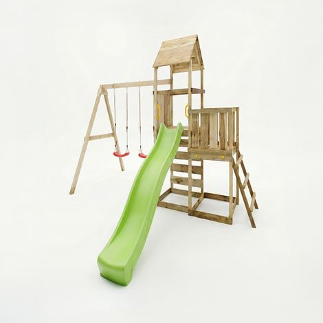 MaxPlay Holzklettergerüst mit zwei Spieltürmen, Doppelschaukel und Rutsche, mit Holzdach (1/5)
