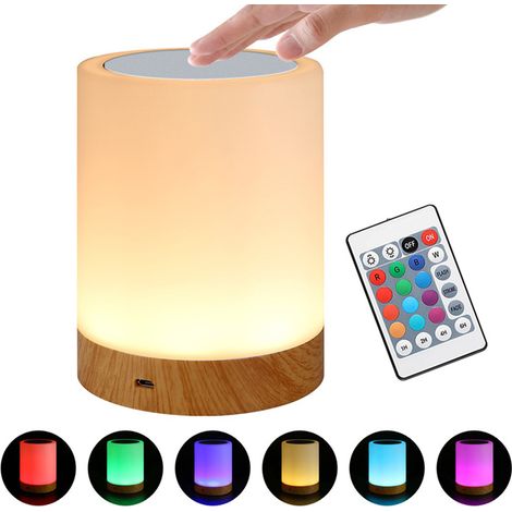 Lampe de chevet LED multicolore effet bois, rechargeable, tactile et télécommandée, veilleuse ambiance avec minuterie