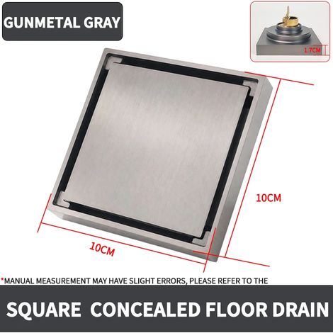 (Gunmetal Gray)10x10cm Solid Brass Square Floor Drain Concealed Shower Waste High Flow Anti Odor Hair Strainer Bathroom Tile Insert Drain Cover (1/4)