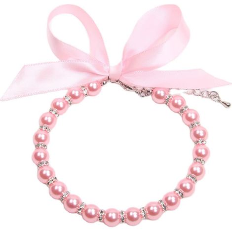 Collier ras-de-cou en perles, convenant aux chats et aux chiens, orné de paillettes et d'un nœud en ruban (S, Rose)