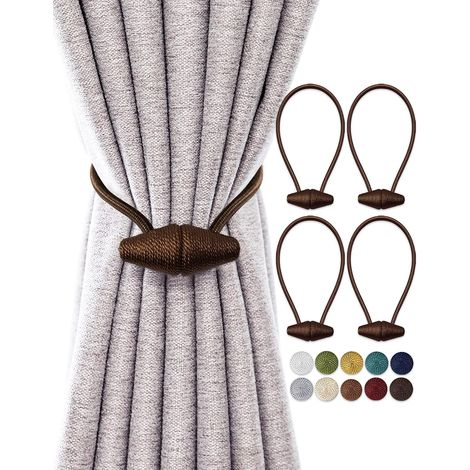 Lot de 4 Embrasses de Rideau Magnétiques, 40 cm, Aimant Renforcé, Tissu Lisse, pour Intérieur et Extérieur, Café Noir