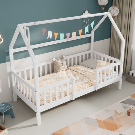 Lit cabane enfant 90/200 cm blanc en pin avec toit et barrière (1/5)