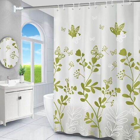Green Anti-Mildew Shower Curtain 180x200 cm Floral Pattern, Washable, With 12 White Eyelets (1/5)