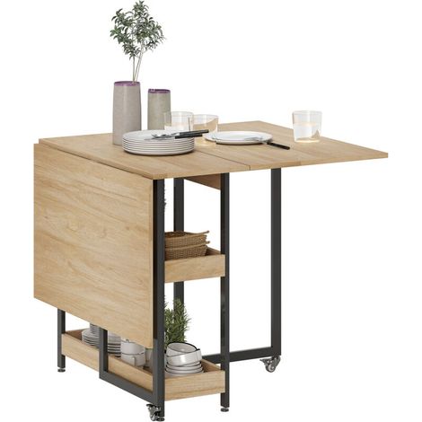 Table à manger pliante sur roulettes 4 personnes avec compartiments ouverts, pour petits espaces, salle à manger, chêne (1/4)