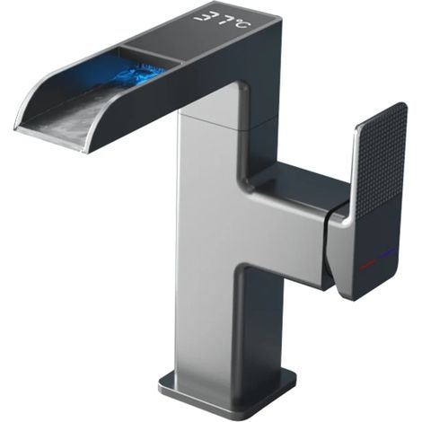 Robinet de lavabo (gris métallisé) avec éclairage LED, affichage numérique de la température et fonction de mélange eau chaude/eau froide rotative à 360° (1/5)