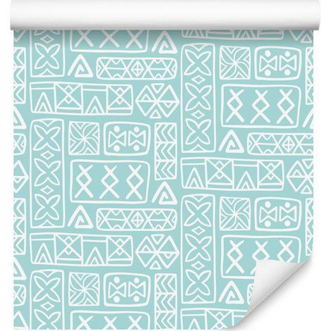 Carta da parati con motivo geometrico polinesiano, color celadon e bianco, 50x1000 cm (1/5)