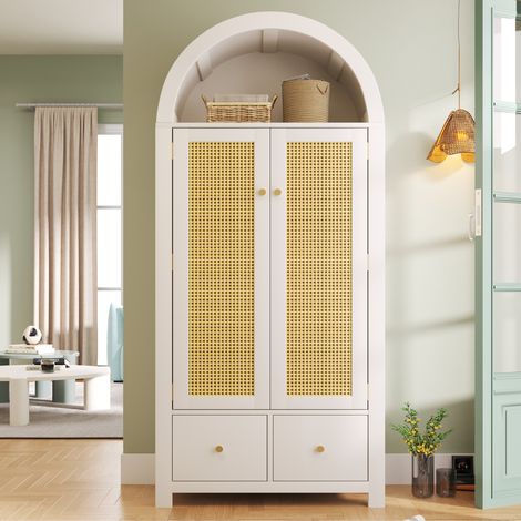 Armoire de rangement avec portes vitrées et finition cannage meuble haut avec penderie et tiroirs pour entrée chambre en bois blanc 78x45x181 cm (1/5)