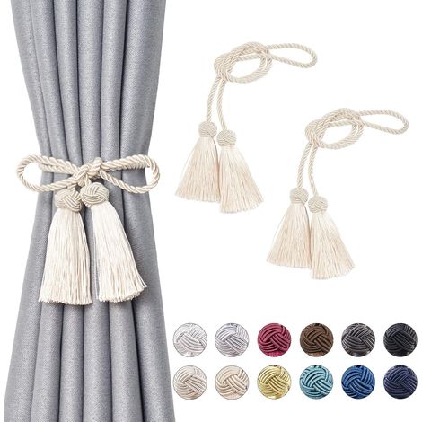 Lot de 2 embrasses à rideaux avec double pompon, embrasses de rideau décoratives faites main avec nœud en corde, élégantes embrasses de rideau pour la maison et le bureau (1/5)