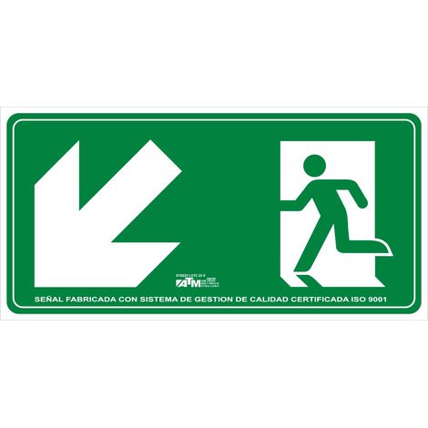 Señal de evacuación ATM PVC clase B 150x200 mm, escalera abajo izquierda.