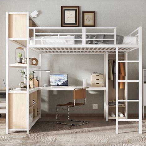 Cama alta dormitorio con armario y escritorio blanca OKMYHOME (1/5)