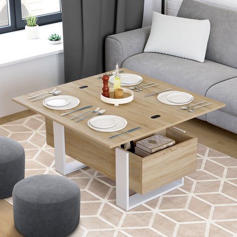 Mesa de centro rectangular, convertible en mesa de comedor PHOENIX de madera y blanco