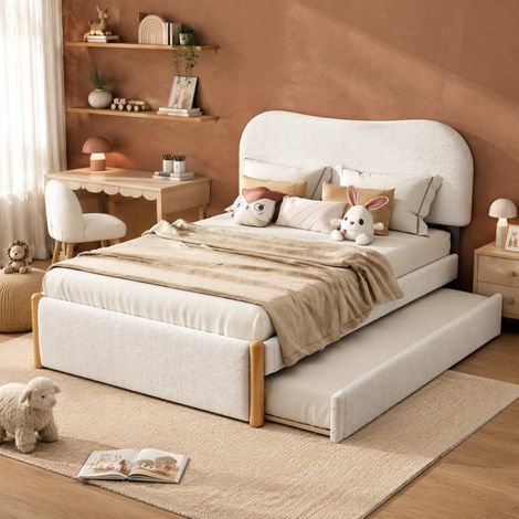 Lit 140x200 cm blanc – avec lit gigogne, tête rembourrée, sans matelas (1/5)