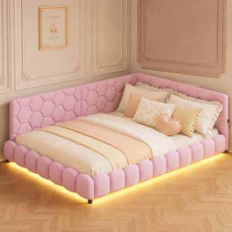 Lit banquette 140x200 cm, Lit avec barrière de sécurité et éclairage LED, Tissu bouclé effet laine d'agneau avec ports de charge USB/Type-C, Rose (1/5)