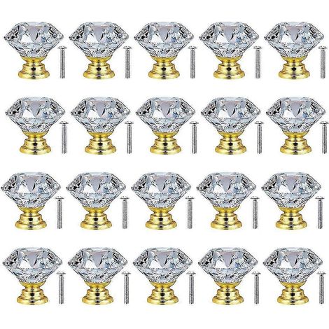 Lot de 20 boutons de porte/tiroir en verre cristal transparent de 30 mm (base dorée), pour cuisine. (1/5)
