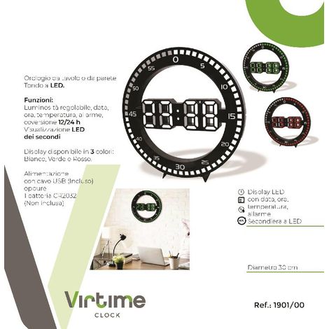 1 Pezzo Orologio da Parete con Led Data Temperatura e Sveglia 30 cm 3 Colori (1/2)