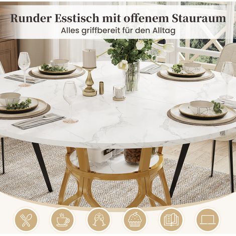 Table ronde repas 100x100x75 cm, table de cuisine 4-6 convives avec rangement intégré, plateau MDF effet marbre, piètement métal design, table compacte gain de place. (1/5)