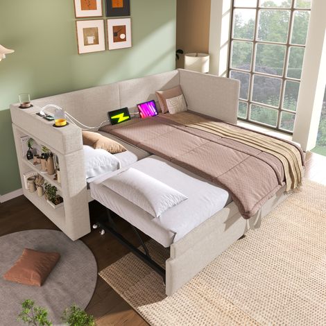Lit banquette gigogne 90x200 cm extensible en 180x200-3 USB+1 USB-C-2 porte-gobelets-mélange lin-coton-Beige-sans matelas (1/5)