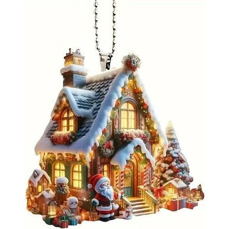 Ornement De Noël - Maison D'hiver Et Père Noël En Acrylique - Décoration Suspendue Pour Arbre De Noël, Intérieur, Voiture - Lot De 1 (1/5)