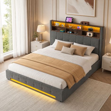 Bett 180x200 cm modern, Samt Dunkelgrau, Metallrahmen, multifunktionales Kopfteil mit USB-C, LED und Stauraum (1/5)