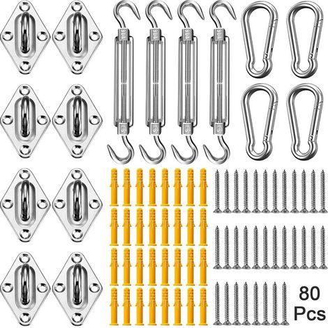 Kit de Fixation Voile d'Ombrage pour Patio 80 Pièces, Acier Inoxydable 304 Kit Accessoires de Fixation Attache Toile ombrage Installation, avec 4 x M6 Tendeur Réglage (1/5)