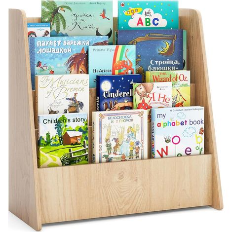 Costway – Bibliothèque enfant en bois 4 niveaux – Structure trapézoïdale – Compartiments ouverts – Patins antidérapants – 57,5 x 26,5 x 59 cm (naturel) (1/5)