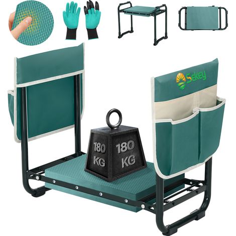 Sekey Kniestuhl für Garten Kniebank, Kniehocker bis 180 kg, klappbar, Kniehilfe Gartenarbeit, mit Werkzeugtaschen, Handschuhen mit Krallen (1/5)