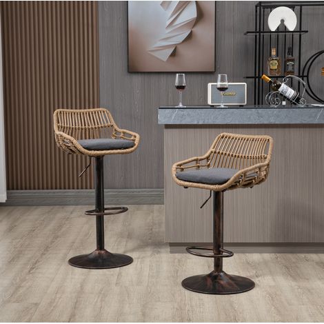 Tabouret de bar pivotant réglable en hauteur, lot de 2, en rotin et lin gris HAVRYA (1/5)