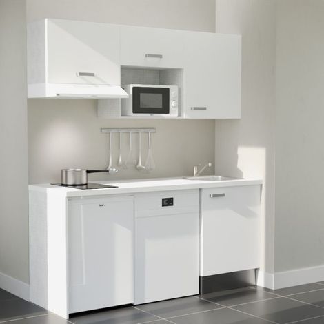 Kitchenette K55L-PT - 180 cm avec plan de travail et évier - Façade Blanc - Plan Blanc - Crédences Non