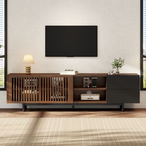 Meuble TV 160 cm pour écran jusqu’à 60 pouces, 2 portes à lattes, 2 tiroirs, niches ouvertes, passe-câbles, MDF effet noyer et noir, pour salon (1/5)