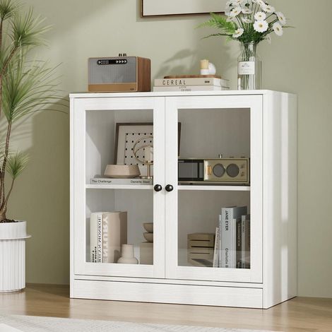 Sideboard mit 2 Glastüren, 80x80x40cm, Weiß, Küchenschrank & TV Board (1/5)