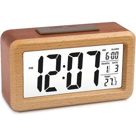 Grand réveil numérique LED en bois avec veilleuse à capteur intelligent, fonction snooze, affichage de la date et de la température, et format 12/24 heures. (1/5)
