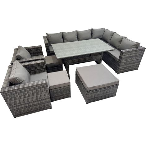 Fimous Rattan Garden Furniture Set Outdoor 11 Seater Patio Dining Corner Sofa Sets with Dining Table 2 Chairs 3 Stools Dark Grey Mixed (1/5)