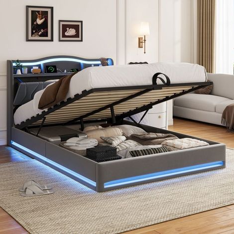 Cama con almacenamiento 140x200 cm con LED, Cama doble 140x200 cm, Estructura de cama 140x200 cm, 2 personas, Somier, Cofre de almacenamiento, Gris (1/5)
