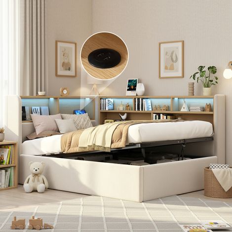 Lit banquette rembourré 90x200 cm avec coffre hydraulique, LED, USB, velours beige OKWISH (1/5)