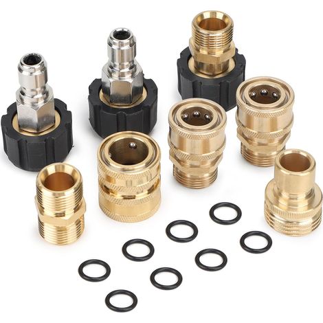 8 Stück Hochdruckreiniger Adapter Set, M22–14 mm Innengewinde auf Außengewinde, 3/4 Zoll Messing-Schnellkupplung, Schnellanschluss für Rohrreinigungsschlauch und Pistole (1/5)
